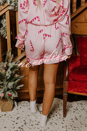 Candy Cane Kisses Satin Printed Elastic Waist Pocket Pajama Shorts Set