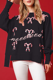 Sequined Candy Cane Crew Neck Pullover Sweatshirt