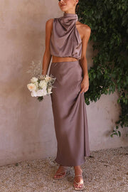 Such A Vibe High Neck Satin Drape Maxi Party Skirt Set