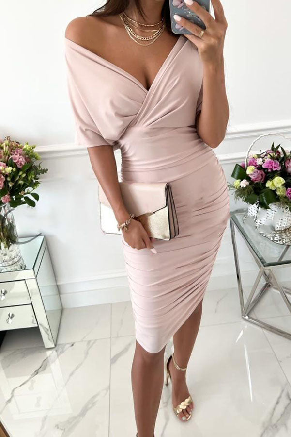 Gorgeous Day Batwing Sleeve Ruched Party Midi Dress