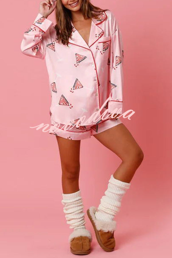 New Year's Eve Fun Ornament Printed Elastic Waist Pocket Pajama Shorts Set