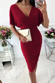 Gorgeous Day Batwing Sleeve Ruched Party Midi Dress