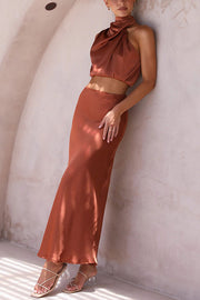 Such A Vibe High Neck Satin Drape Maxi Party Skirt Set