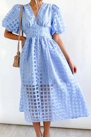 Remarkable Beauty Square Patterned Fabric Puff Sleeve Party Midi Dress