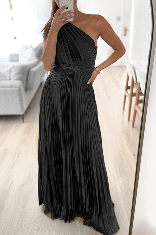 Keira One Shoulder Pleated Satin Party Maxi Dress