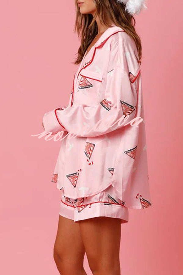 New Year's Eve Fun Martini Printed Elastic Waist Pocket Pajama Shorts Set