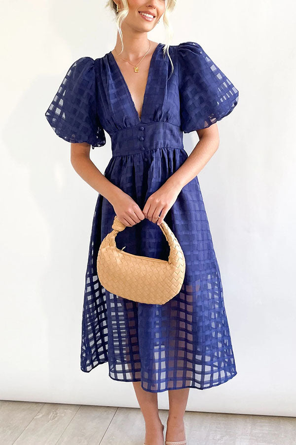 Remarkable Beauty Square Patterned Fabric Puff Sleeve Party Midi Dress